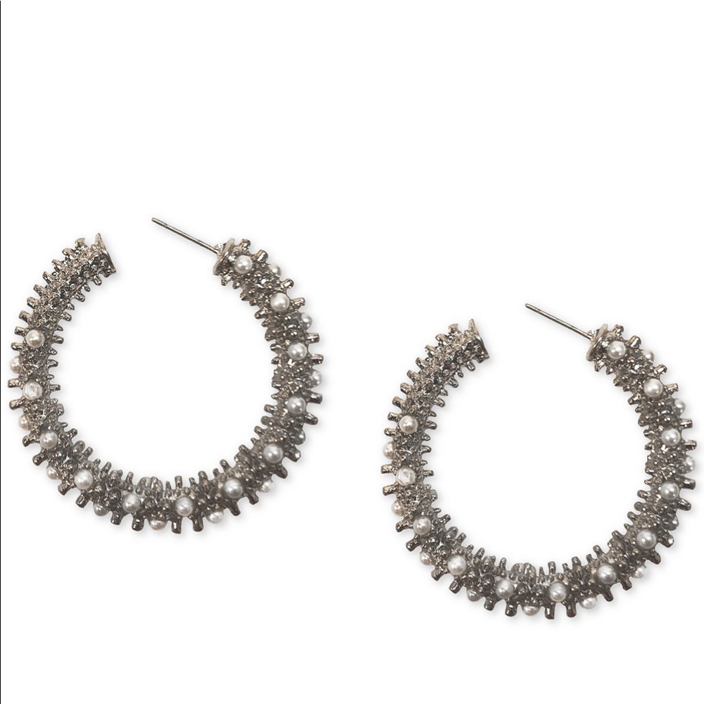 INC silver tone imitation pearl hoop earring 1.75”